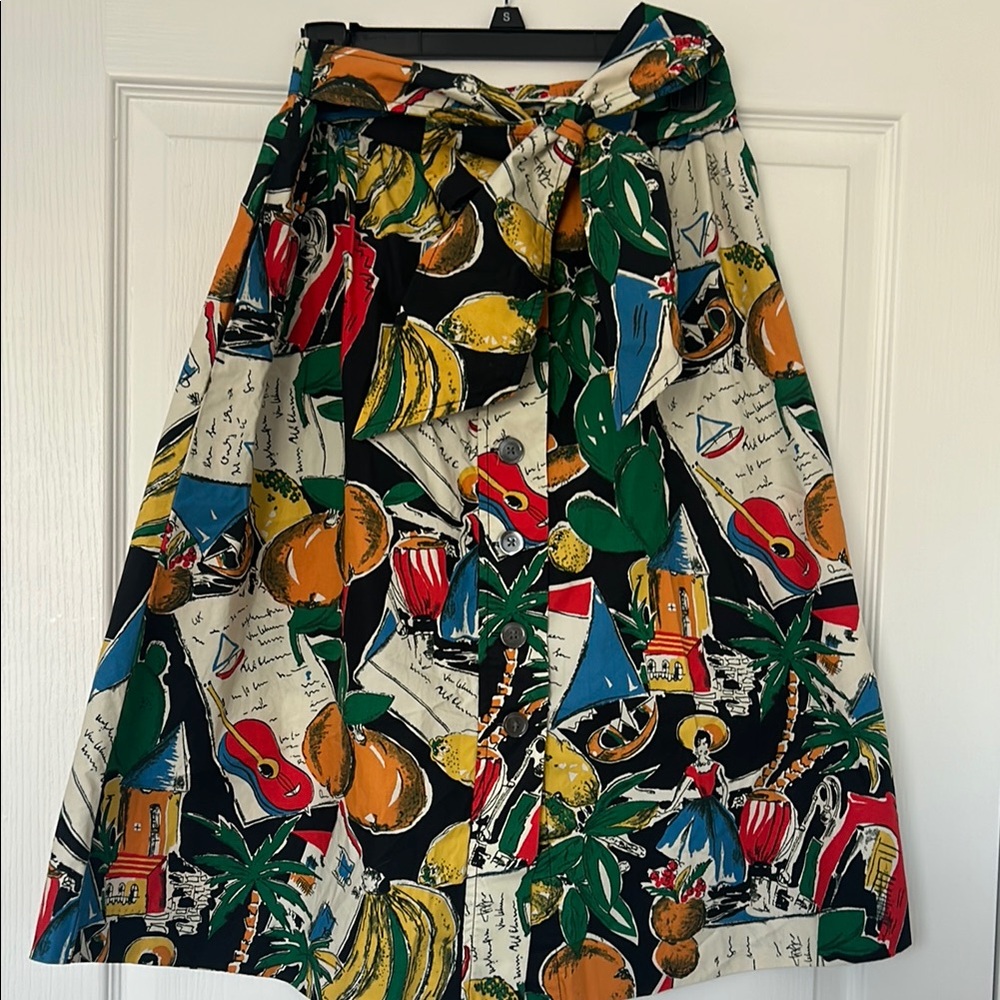 J. Crew Green and Red Midi A-Line Skirt with Tie Front